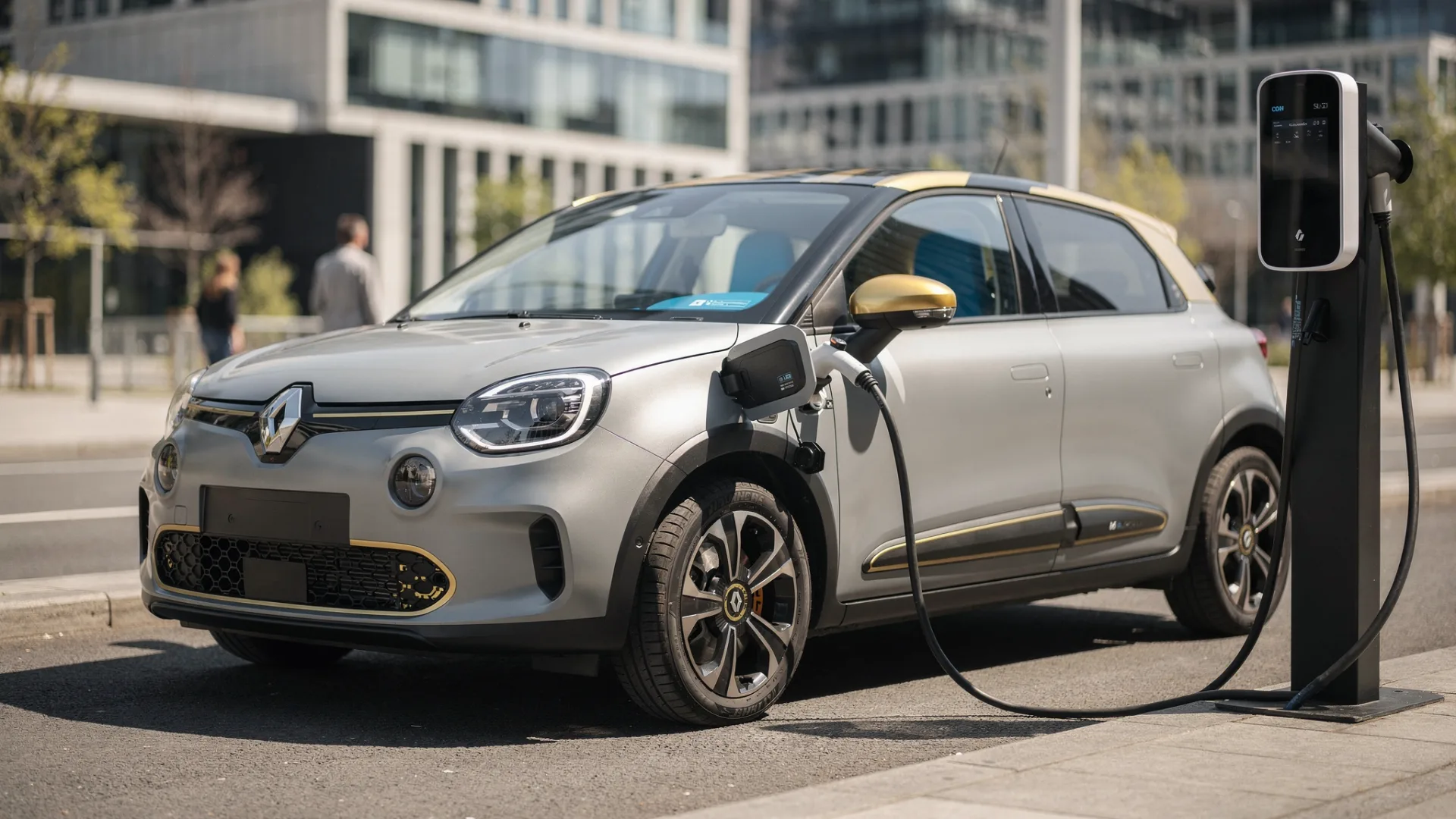 Renault 5 med opgraderet rækkevidde og nye designdetaljer ved ladestation i bymiljø.